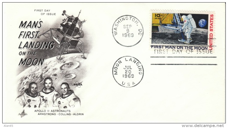 Apollo-11 Cover, Moon Landing Postmark 20 July 1969, Astronauts Armstrong Aldrin &amp; Collins, 1st Moon Landing - Etats-Unis