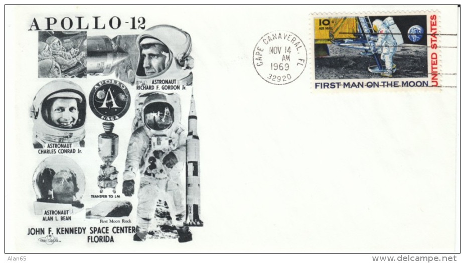 Apollo-12 Cover, Cape Canaveral Postmark 14 November 1969, Astronauts Conrad Bean &amp; Gordon, 1st Moon Rocks - Etats-Unis