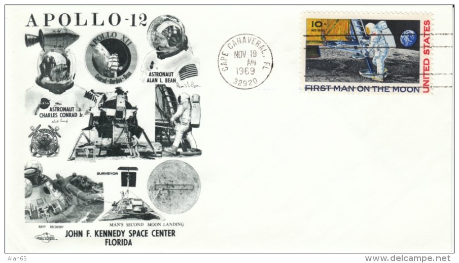 Apollo-12 Cover, Cape Canaveral Postmark 19 November 1969, Astronauts Conrad Bean &amp; Gordon, 2nd Moon Landing - United States