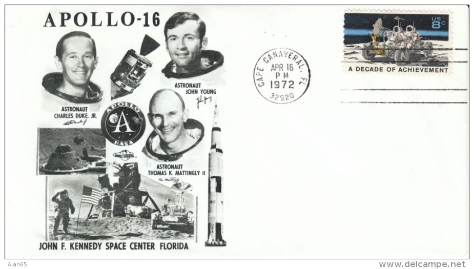 Apollo-16 Cover, Cape Canaveral Postmark, Astronauts Duke Young &amp; Mattingly, 16 April 1972 - Etats-Unis