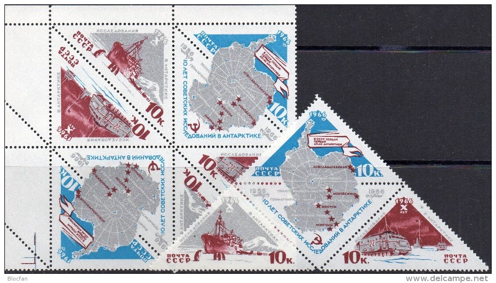 Südpol Polar-Forschung Antarktis 1966 Sowjetunion 3181/3+KD-Block ** 28€ Schiff Ship Hb Ms Map Se-tenant Bf USSR CCCP SU - Errors & Oddities