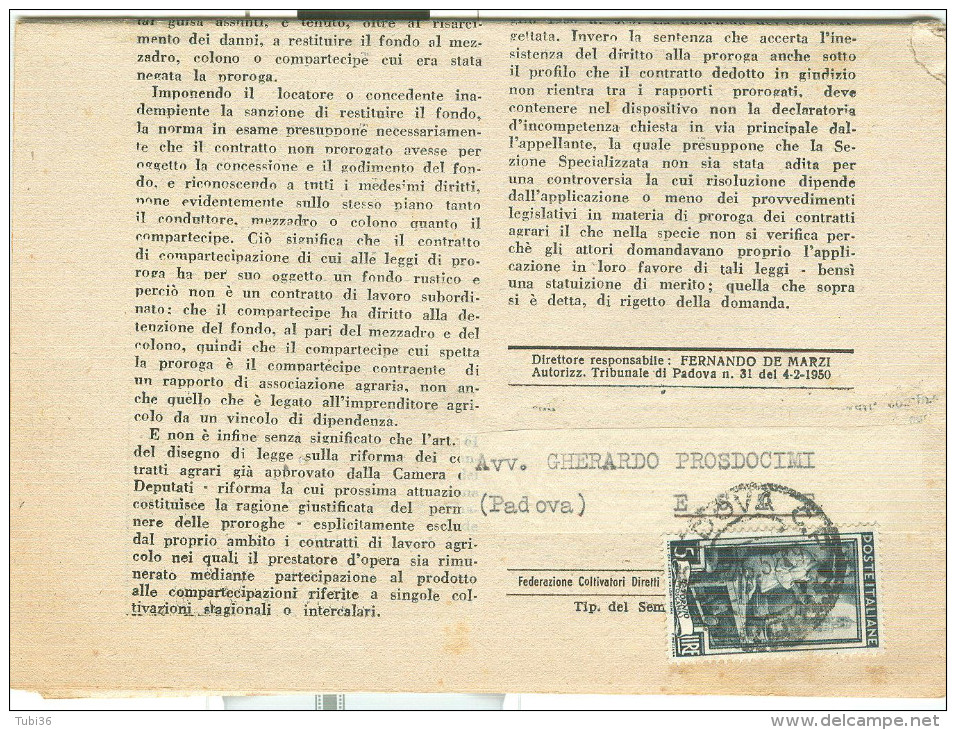 LAVORO R £.5,ISOLATO IN TARIFFA STAMPE GIORNALI, 1952, TIMBRO POSTE PADOVA,ESTE - 1946-60: Storia Postale