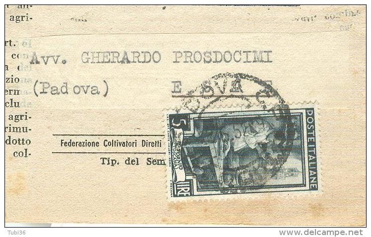 LAVORO R £.5,ISOLATO IN TARIFFA STAMPE GIORNALI, 1952, TIMBRO POSTE PADOVA,ESTE - 1946-60: Storia Postale