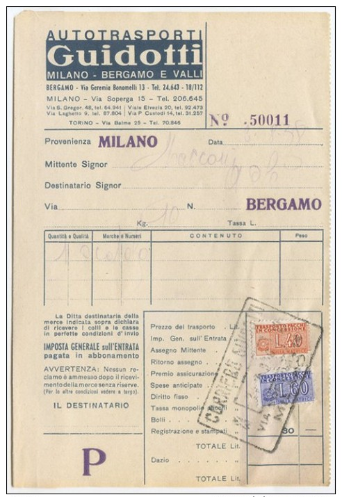 1958 PACCHI CONCESSIONE L. 40 + 60 MATRICI 2.8.58 SU BOLLETTA TRASPORTI OTTIMA QUALITÀ (A487) - 1946-60: Storia Postale