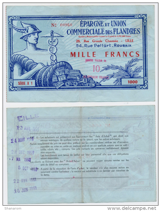 LILLE/ROUBAIX // EPARGNE Et UNION COMMERCIALE Des FLANDRES // 10 Nouveaux Francs Sur 1000 Frs - Bons & Nécessité