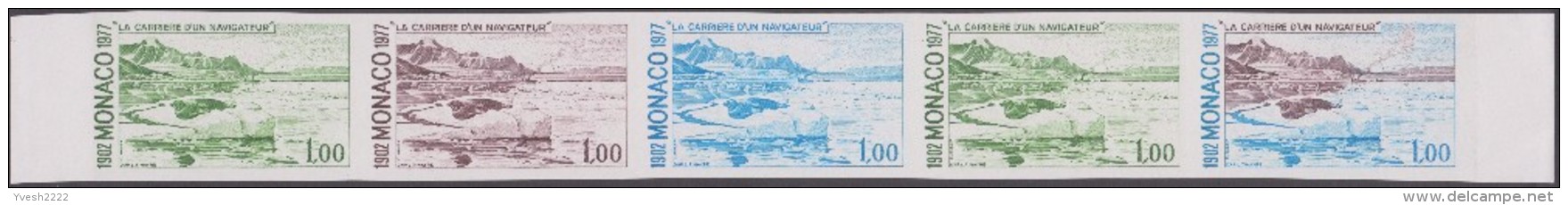 Monaco 1977 Y&T 1103/113 9 bandes de 5 essais de couleurs. Arctique, voilier, phoque, canard, iceberg, chasse, neige