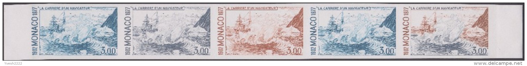 Monaco 1977 Y&T 1103/113 9 bandes de 5 essais de couleurs. Arctique, voilier, phoque, canard, iceberg, chasse, neige