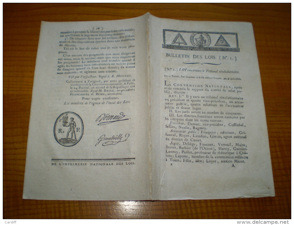 An II ; 1er Bulletin Des Lois : 1794 .n° 1 Concernant Le Tribunal Révolutionnaire.22 Prairial. Symbole Franc Maçon - Gesetze & Erlasse