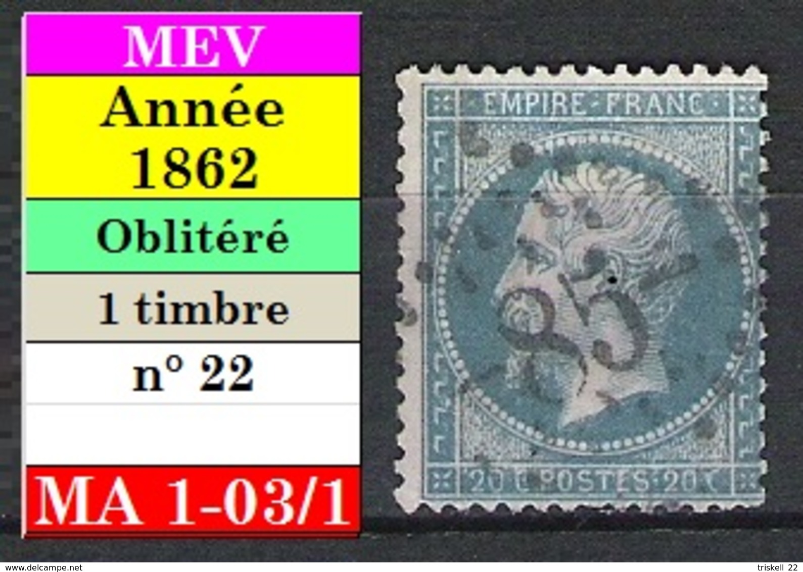 Napoléon III 20c. Bleu N° 22 Oblitéré - Légende EMPIRE  FRANC - 1862 Napoleon III