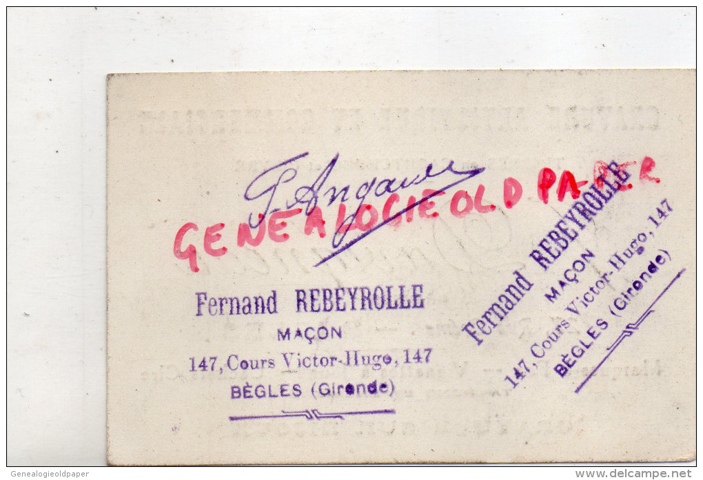 33 - BEGLES - J. DUVIGNEAU GRAVEUR - 27 RUE CREMER- GRAVURE SUR BIJOUX- FERNAND REBEYROLLE MACON - Visiting Cards