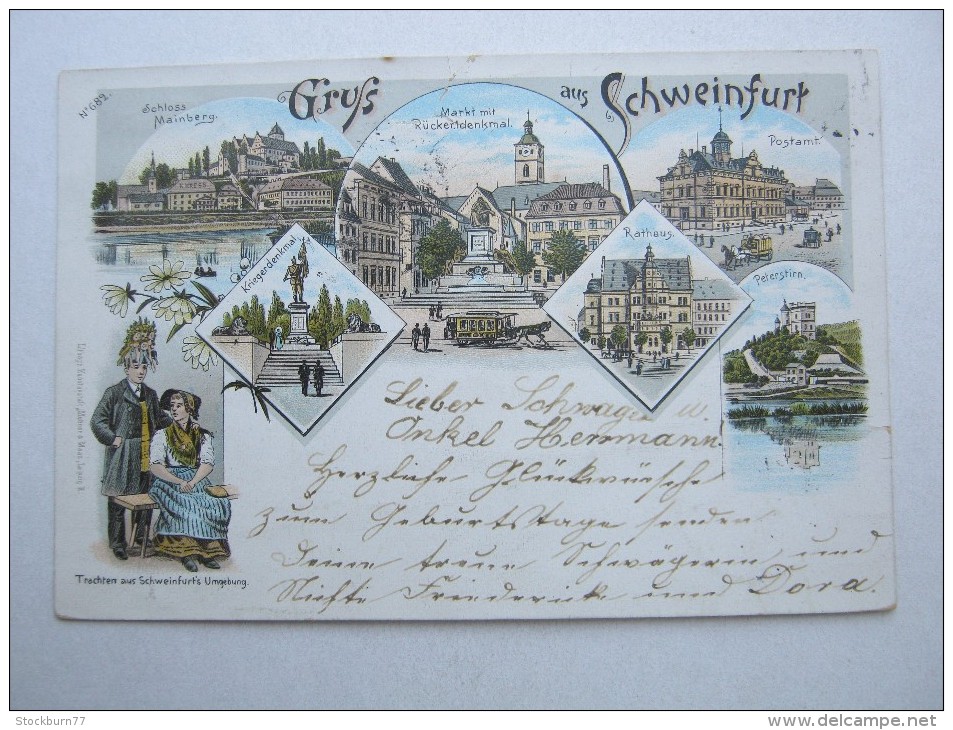 SCHWEINFURT, Colorlitho    , Schöne Karte  1897   Mit Marke + Stempel,  Oben 1 Cm Risschen - Schweinfurt
