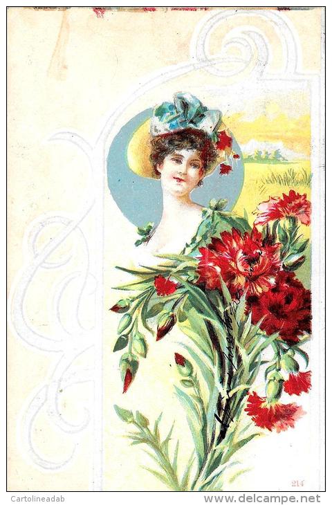 [DC4149] CARTOLINA - DONNA CON FIORI - LIBERTY - Viaggiata 1905 - Old Postcard - Fiori