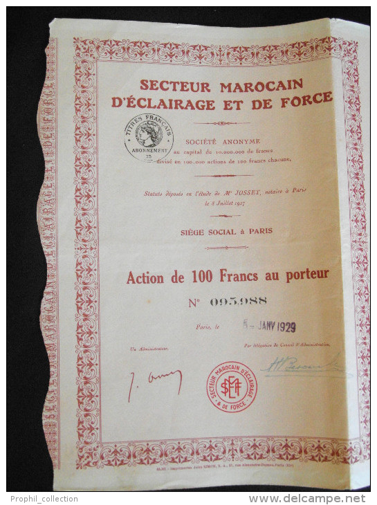 ACTION 100 Fr Secteur Marocain D'Eclairage Et De Force  Siege à Paris 1929 - Africa