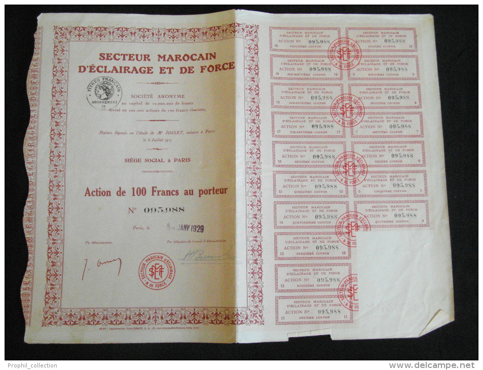 ACTION 100 Fr Secteur Marocain D'Eclairage Et De Force  Siege à Paris 1929 - Afrique