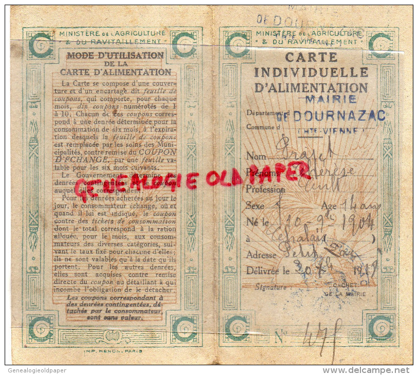 87 - DOURNAZAC - CARTE INDIVIDUELLE D' ALIMENTATION -1918- THERESE PRAPET - Sin Clasificación