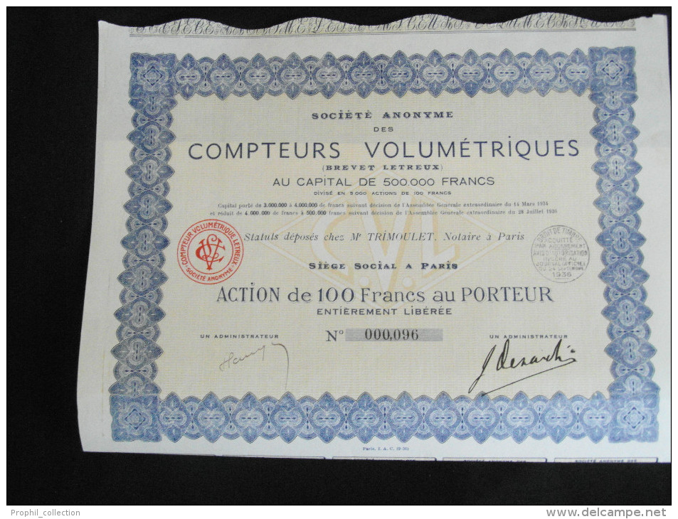 ACTION 100 Francs Societe Anonyme Des Compteurs Volumetriques (Brevet Letreux) Siege à Paris - A - C