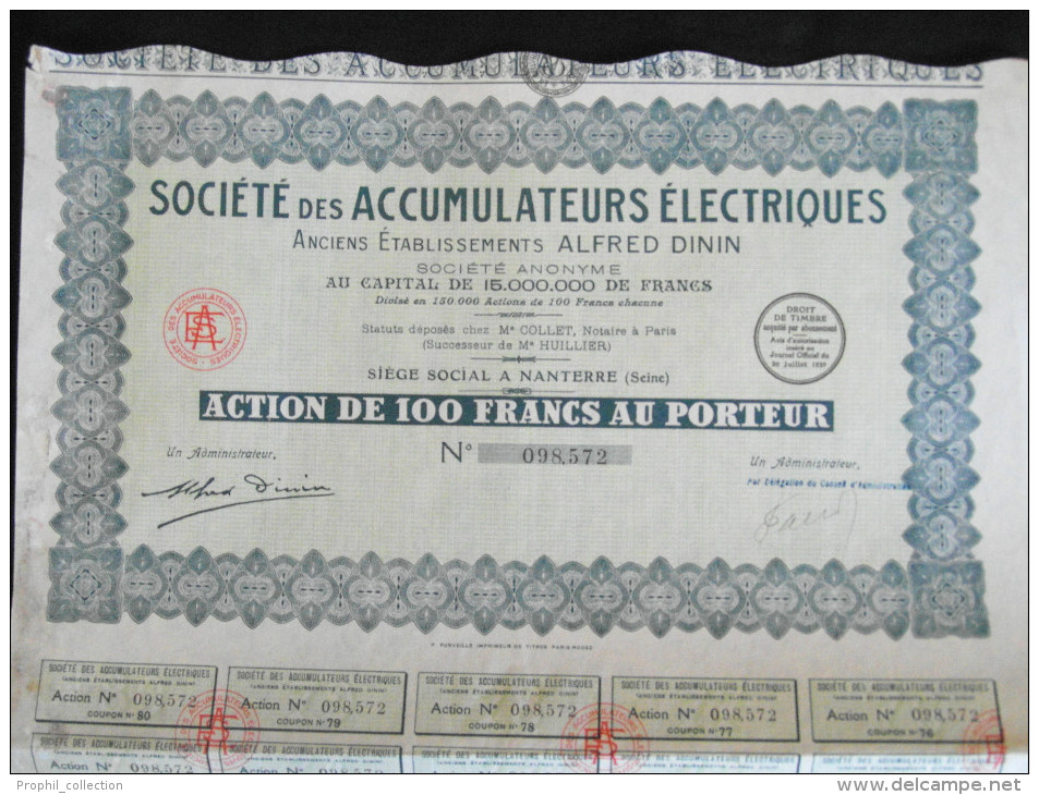 Action 100 Francs Societe Des Accumulateurs Electriques Anciens Etablissements Alfred Dinin Siege Social Nanterre 1929 - Industry