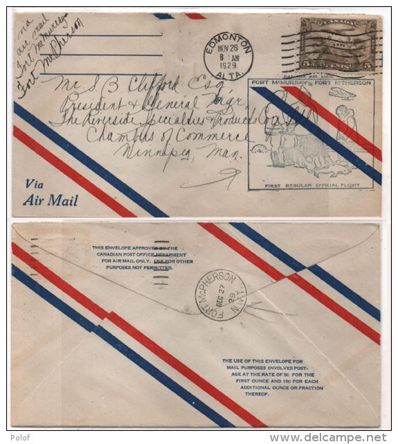 Enveloppe, Adressée De EDMONTON AL TA (Flamme) A WINNIPEG, MAN (Cachet FORT Mc PHERSON (81775) - Primi Voli