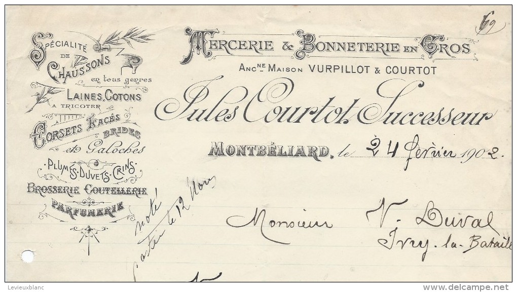 Commande De Peignes En Ivoire /Jules Courtot/Mercerie/MONTBELIARD//Duval/Ivry La Bataille/1902        FACTN107 - Droguerie & Parfumerie