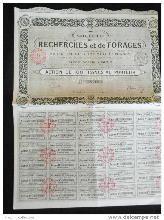 Action 100 Francs Societe De Recherches Et De Forages Siege Social Paris 1918 - S - V