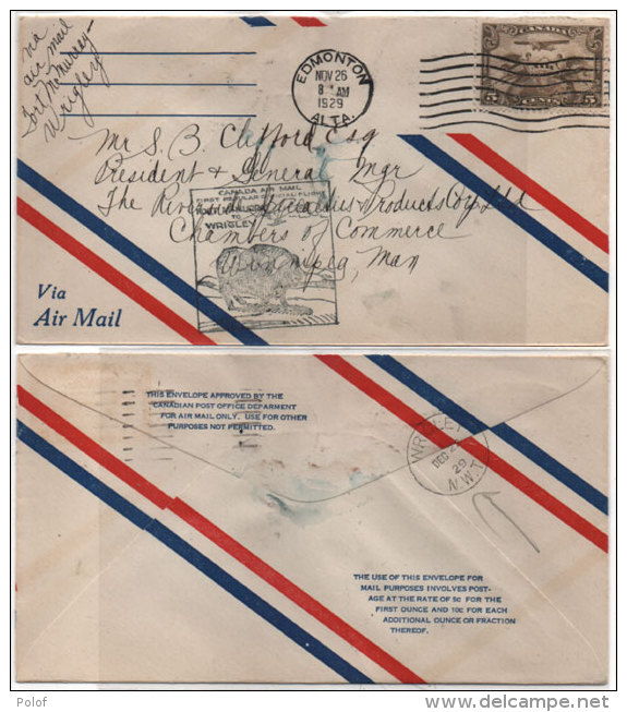 Enveloppe Adressée De EDMONTON AL TA (Flamme)a WINNIPEG,MAN (Cachet WRIGLEY N.W.T. ) (81778) - First Flight Covers