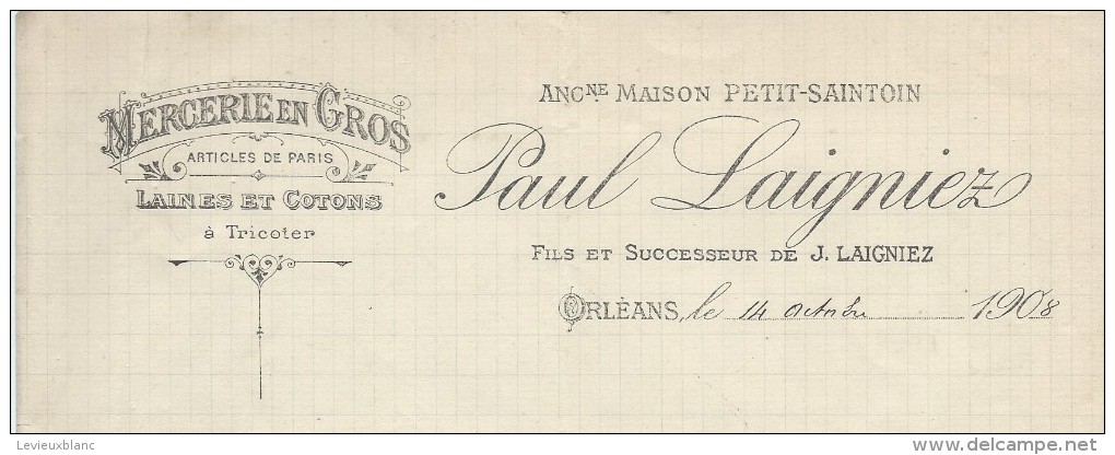 Commande De Peignes En Ivoire /Mercerie/Paul Laigniez/ORLEANS/Lecoeur/Ivry La Bataille/1908        FACTN112 - Droguerie & Parfumerie