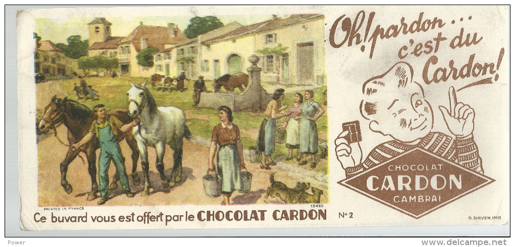 BUVARD  CAMBRAI   Chocolat CARDON   Oh Pardon ... C'est Du CARDON  Cour De Ferme Avec Chevaux Et Personnages  2 - Chocolat