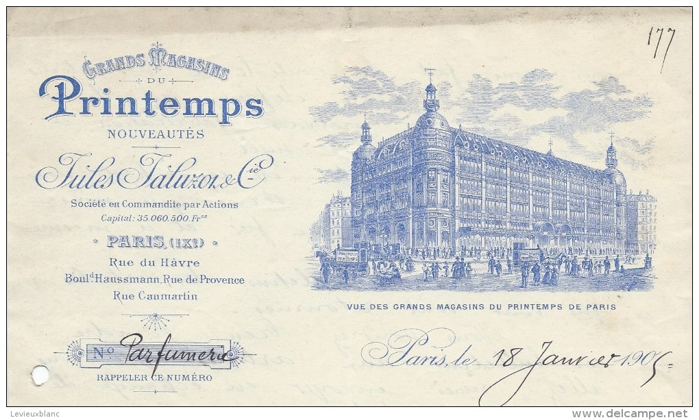 Commande De Peignes En Ivoire /Parfumerie/Grands Magasins Printemps/Jaluzot/Lecoeur/Ivry La Bataille/1905  FACTN115 - Droguerie & Parfumerie