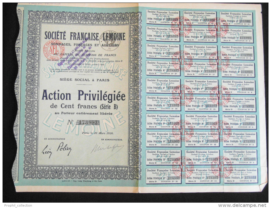 Action 100 Francs Serie B Societe Francaise Lemoine Sondages Foncages Et Atelier Siege Social Paris 20/03/1926 - J - L