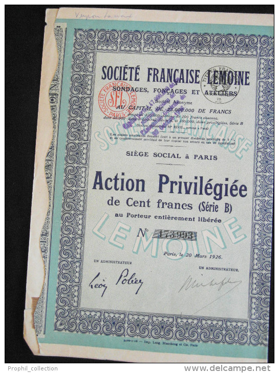 Action 100 Francs Serie B Societe Francaise Lemoine Sondages Foncages Et Atelier Siege Social Paris 20/03/1926 - J - L