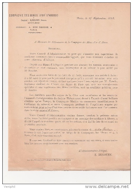 CIRCULAIRE ADRESSEE AUX ACTIONNAIRES DE LA COMPAGNIE DES MINES D´OR D´ABOSSO - 1882 - Otros & Sin Clasificación