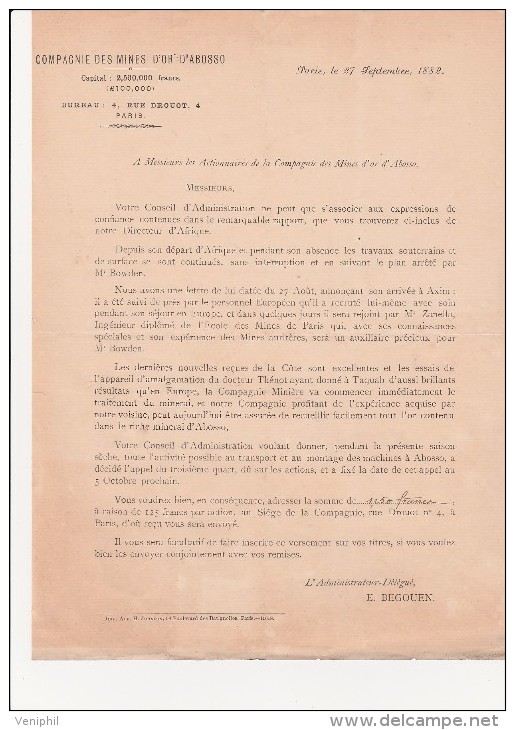 CIRCULAIRE ADRESSEE AUX ACTIONNAIRES DE LA COMPAGNIE DES MINES D´OR D´ABOSSO - 1882 - Autres & Non Classés