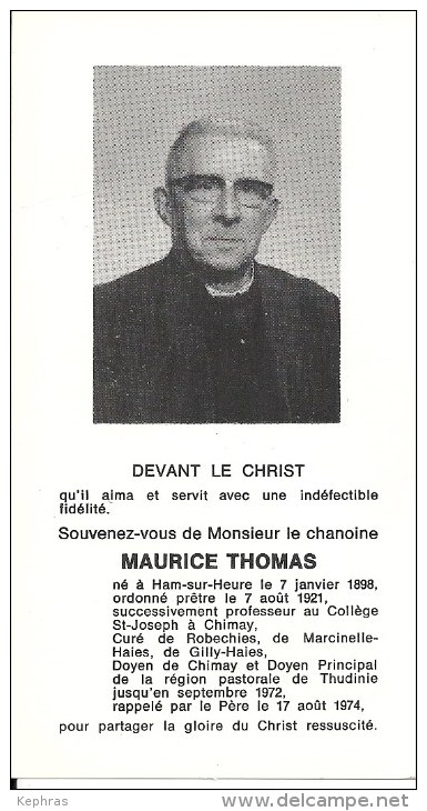 CHIMAY : DOYEN MAURICE THOMAS - 1898 /1974 HAM-SUR-HEURE - ROBECHIES - MARCINELLE - GILLY - Décès