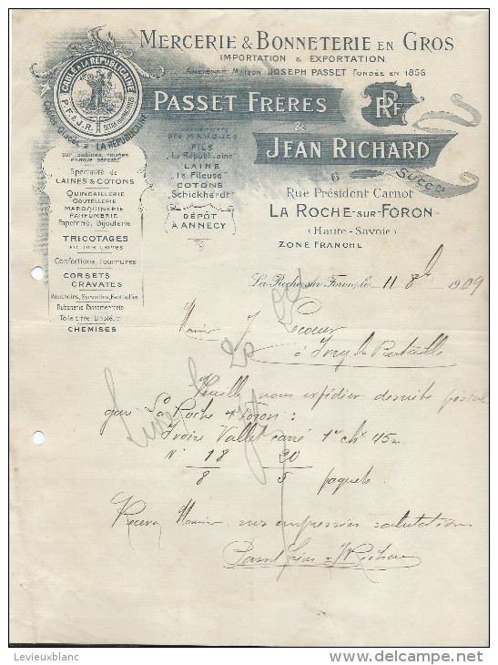 Commande  De Peignes En Ivoire / Passet &. Richard/La ROCHE Sur FORON/Haute  Savoie /Ivry La Bataille/1909  FACTN123 - Droguerie & Parfumerie