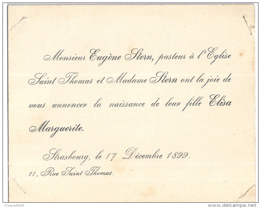 NAISSANCE DE LA FILLE DU PASTEUR   STRASBOURG  1899  9x11cm - Birth & Baptism
