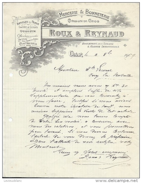 Commande  De Peignes En Ivoire / Mercerie/Roux & Reynaud /GAP/Haute  Alpes /Ivry La Bataille/1909  FACTN124 - Droguerie & Parfumerie