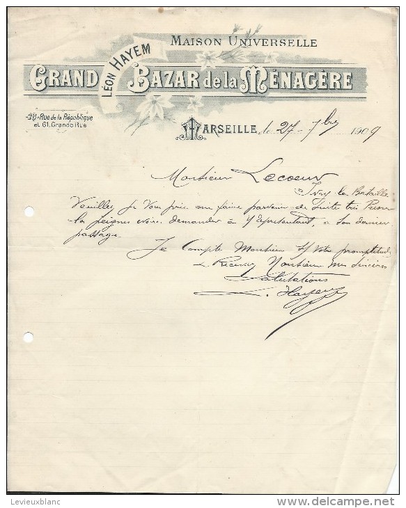 Commande  De Peignes En Ivoire /Grand Bazar De La Ménagére/MARSEILLELecoeur/Ivry La Bataille/1909  FACTN125 - Droguerie & Parfumerie