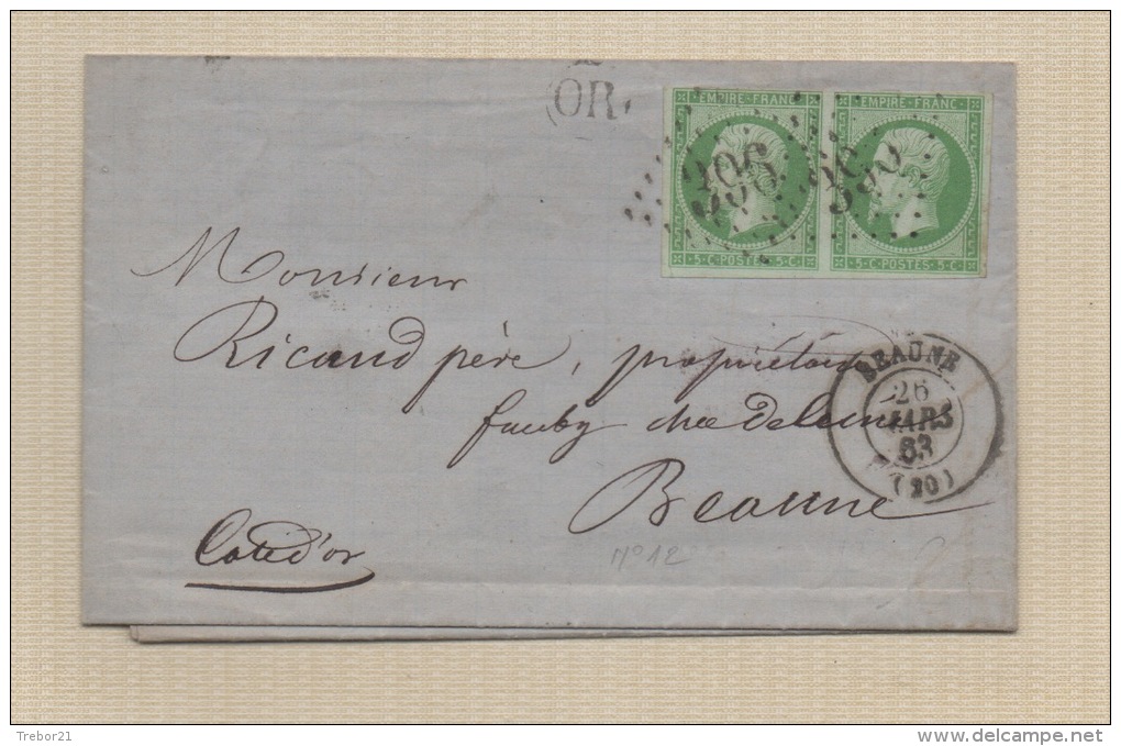 FRANCE N° Yvert  12 X 2  Sur Lettre - 1853-1860 Napoleon III