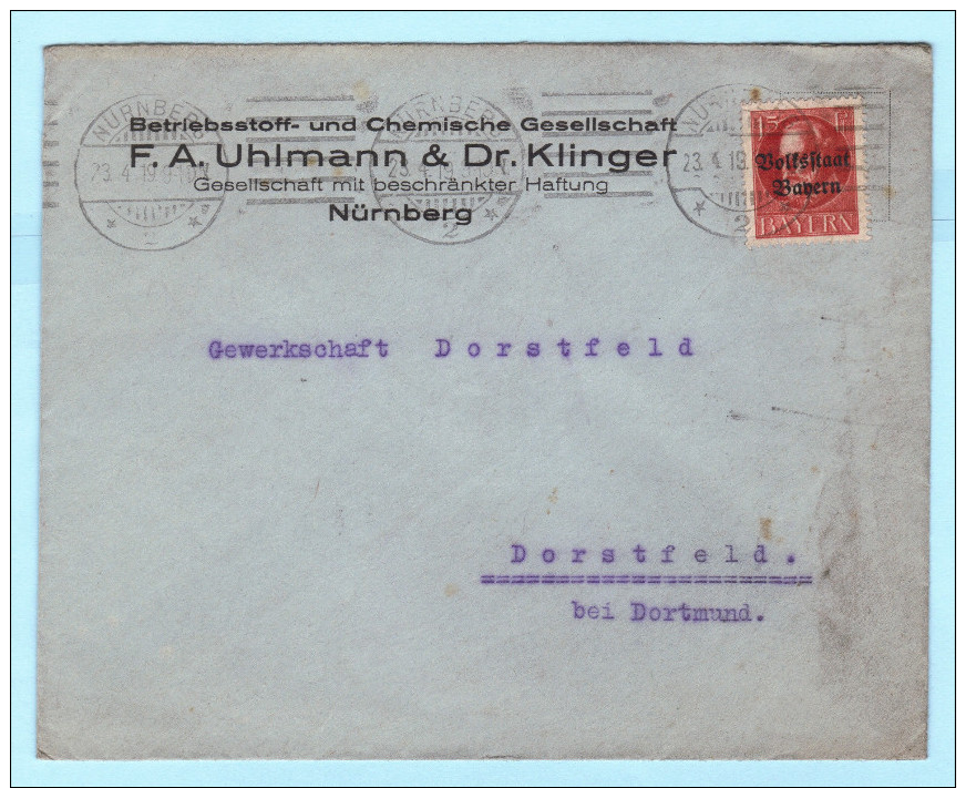 BAYERN - DEUTSCHES REICH Brief Cover - Uhlmann Dr. Klinger Chemie Gmbh Nürnberg An Gewerkschaft Dorstfeld (32505) FFF - Sonstige & Ohne Zuordnung