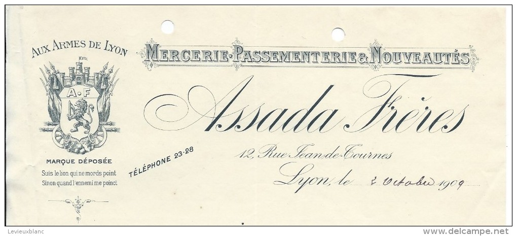 Commande  De Peignes En Ivoire /Mercerie/Aux Armes De Lyon/Assada/LYON/Lecoeur/Ivry La Bataille/1902  FACTN127 - Droguerie & Parfumerie