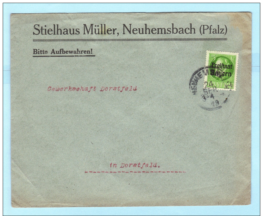 BAYERN - DEUTSCHES REICH Brief Cover - Stielhaus Müller Neuhemsbach - Pfalz - Gewerkschaft Dorstfeld (32513) FFF - Sonstige & Ohne Zuordnung