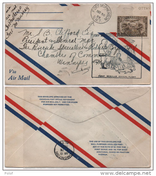 Enveloppe Adressée De FORT Mc PHERSON - NWT A WINNIPEG - Cachet EDMONTON  ALTA (81782) - First Flight Covers
