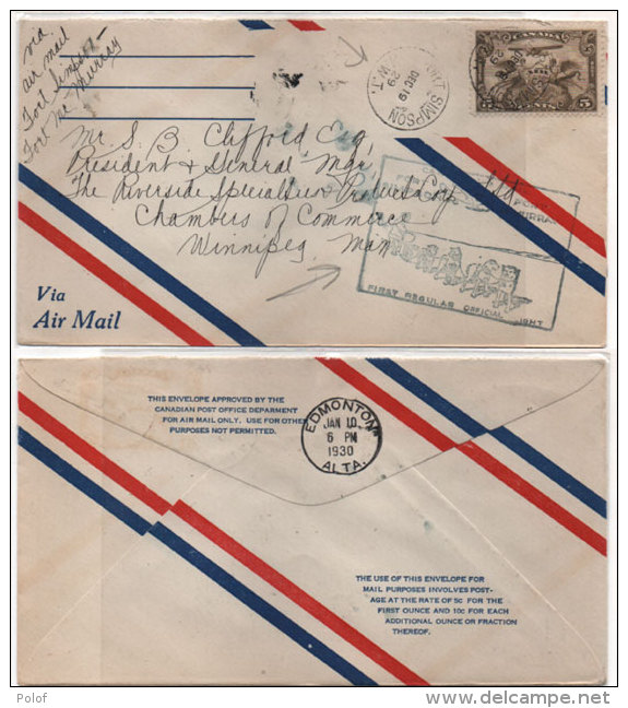 Enveloppe Adressée De Fort Simpson  NWT A Winnipeg Man  - Cachet EDMONTON  ALTA (81785) - Premiers Vols