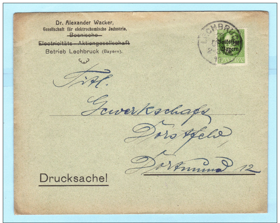 BAYERN - DEUTSCHES REICH Brief Cover - Dr. A. Wacker Elektrochemie - Lechbruck - Gewerkschaft Dorstfeld (32517) FFF - Sonstige & Ohne Zuordnung