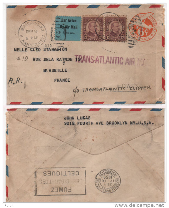 AEnveloppe Avec A.R. Adressée De BROOKLYN N.Y. (USA) A MARSEILLE Par Avion -Trans-Atlantic Air Mail  (81795) - First Flight Covers