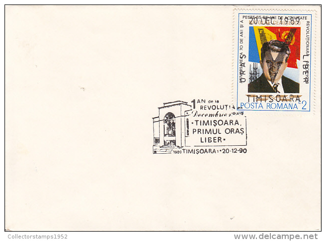 30062- TIMISOARA- FIRST FREE TOWN SPECIAL POSTMARK, NICOLAE CEAUSESCU OVERPRINT STAMP ON COVER, 1990, ROMANIA - Brieven En Documenten