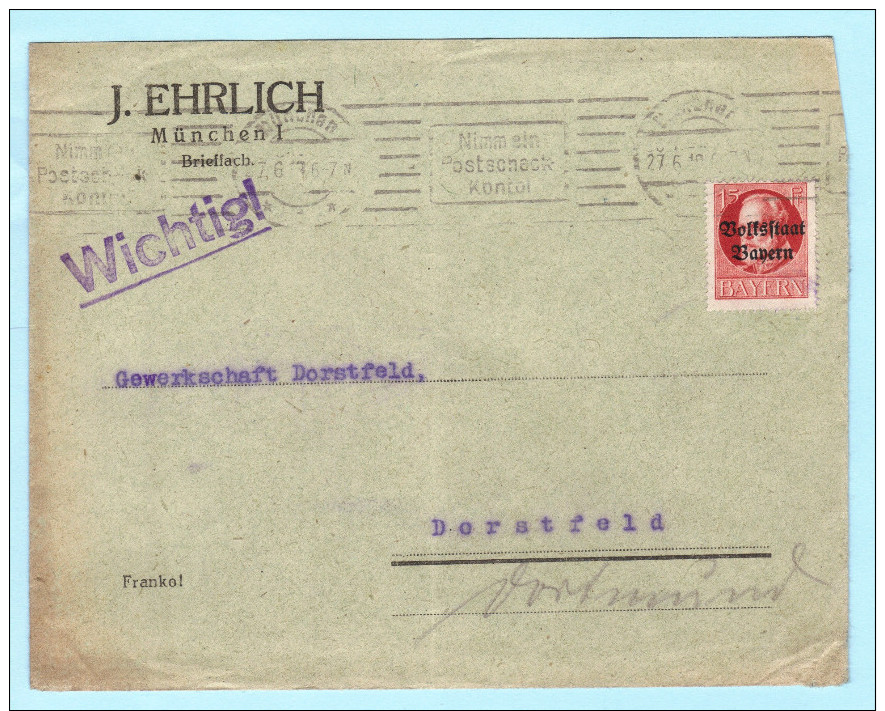 BAYERN - DEUTSCHES REICH Brief Cover - J. Ehrlich - München - Gewerkschaft Dörstfeld (32538) FFF - Sonstige & Ohne Zuordnung