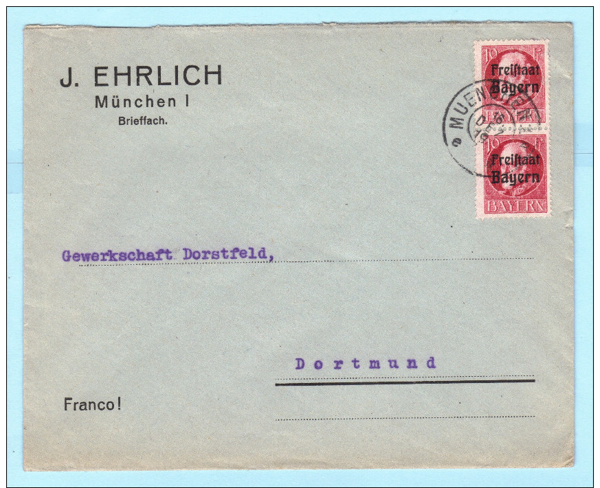 BAYERN - DEUTSCHES REICH Brief Cover - (senkr. Paar) J. Ehrlich - München - Gewerkschaft Dörstfeld (32539) FFF - Sonstige & Ohne Zuordnung