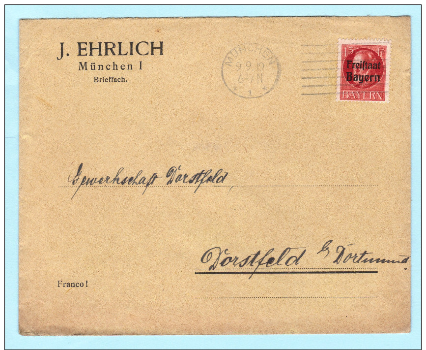 BAYERN - DEUTSCHES REICH Brief Cover - J. Ehrlich - München - Gewerkschaft Dörstfeld (32542) FFF - Sonstige & Ohne Zuordnung