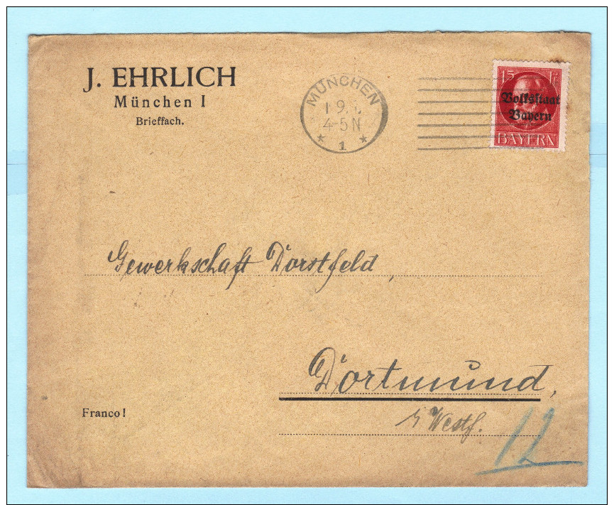 BAYERN - DEUTSCHES REICH Brief Cover - J. Ehrlich - München - Gewerkschaft Dörstfeld (32543) FFF - Sonstige & Ohne Zuordnung